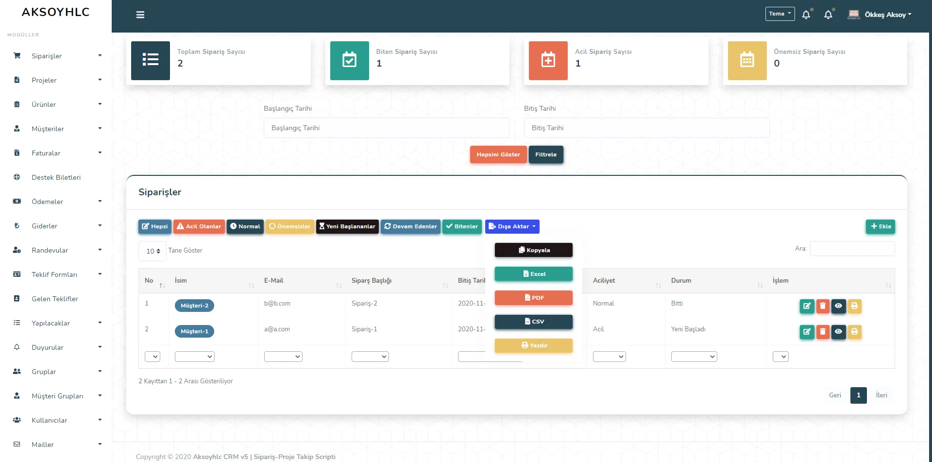 Aksoyhlc CRM v5 | Sipariş-Proje Takip Scripti | Mobil Uygulama - Web Bildirim