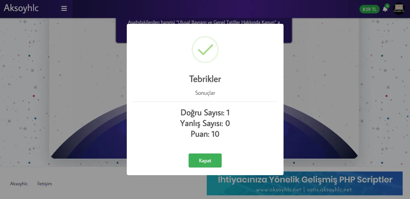Aksoyhlc Bilgi Yarışması - Online Test Çözme Scripti v3 | Mobil Uygulama Hediye