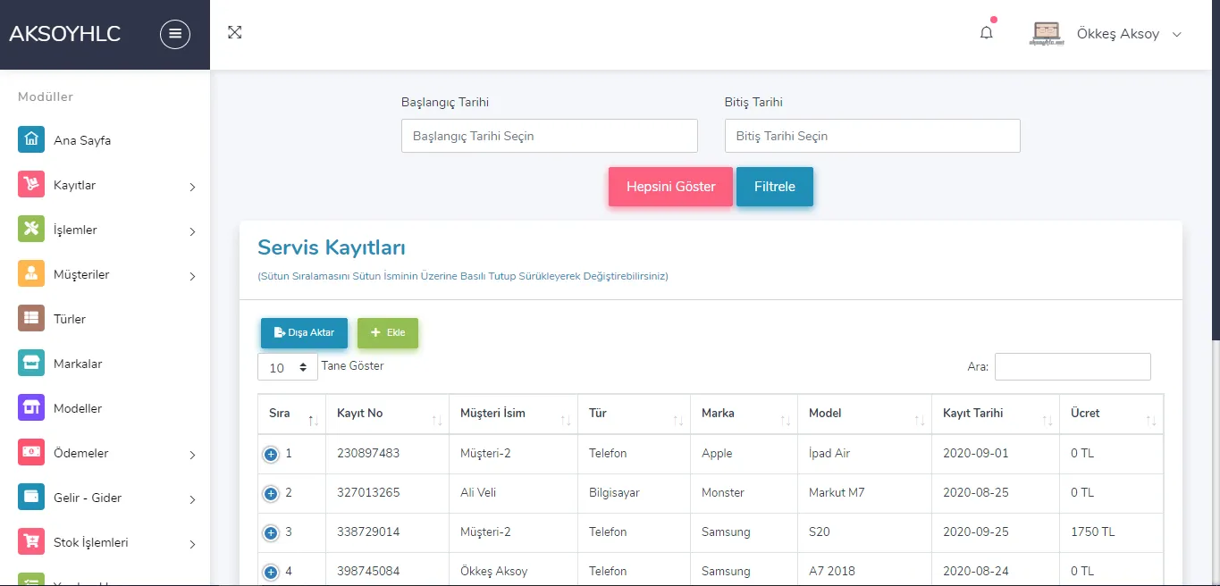 Aksoyhlc Teknik Servis Scripti - Cihaz Takip Scripti