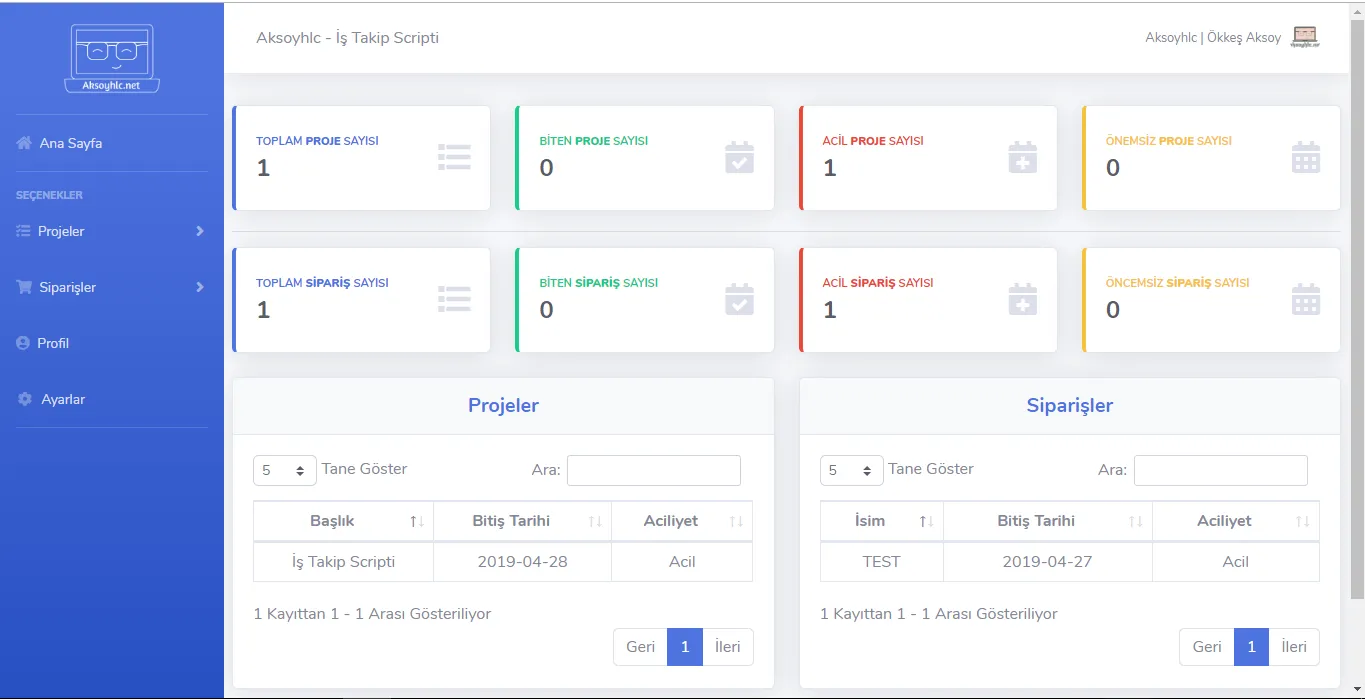 Aksoyhlc İş-Sipariş-Proje Takip Scripti {Ücretsiz-Mobil Uyumlu-Güvenli}