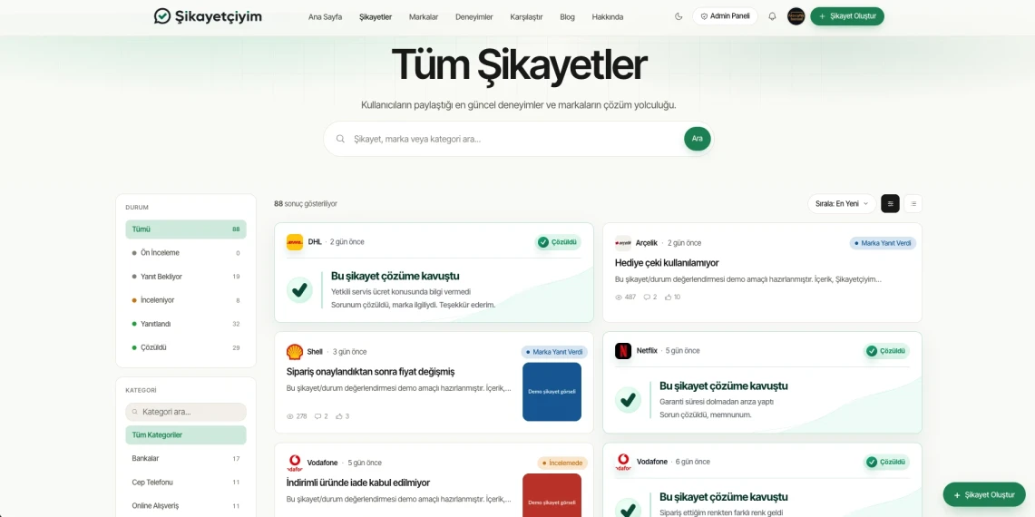 Şikayetçiyim - v2 | Şikayet Sitesi Scripti - Mobil Uygulama, Yapay Zeka, Gelişmiş Panel